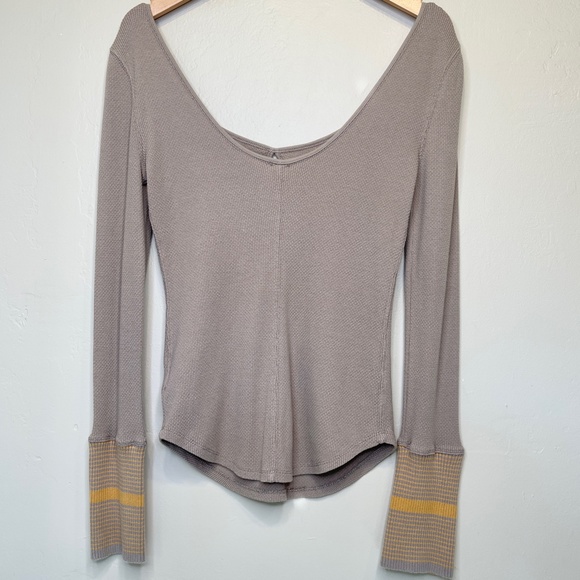 FP |  WTF Taupe Thermal Striped Cuffs Scoop Neck Keyhole Boho Long Sleeve Shirt - Picture 7 of 14